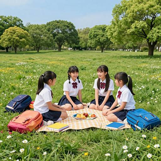 Joyful Schoolgirls Picnic in Meadow