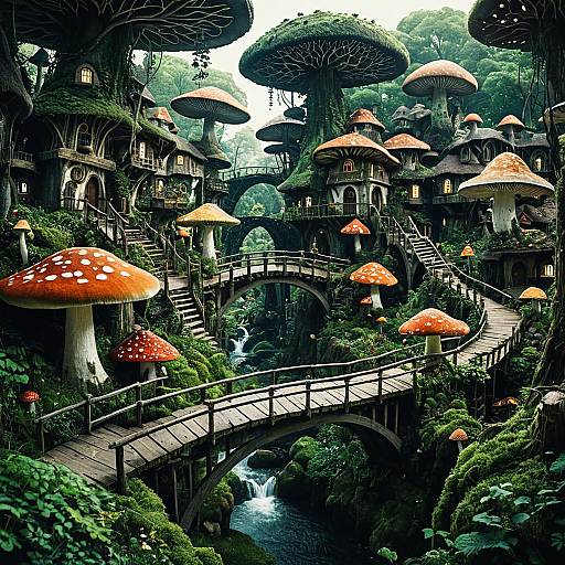 Aerial Enchanted Mushroom Village in Canopy