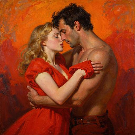 Romantic oil painting of a shirtless, dark-haired man embracing a blonde woman in a red dress, sharing a tender kiss against a fiery orange background