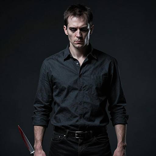 Man with Bloodied Knife in Dark Shirt