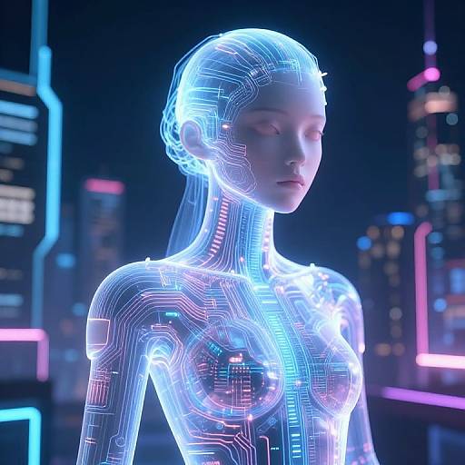 CGI image of a glowing, neon-lit, cybernetic woman with translucent, circuitry-patterned skin, set against a futuristic cityscape