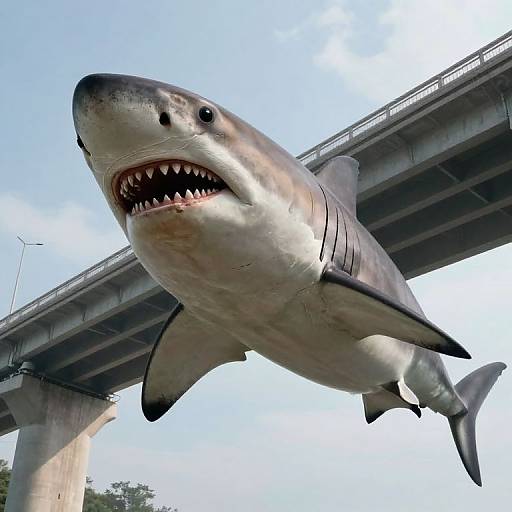 Photograph of a large, lifelike shark sculpture with open jaws, suspended beneath a concrete overpass against a clear blue sky.