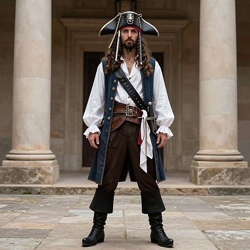 Photograph of a bearded man with long hair, dressed as a pirate in a white shirt, black vest, and tricorn hat, standing in