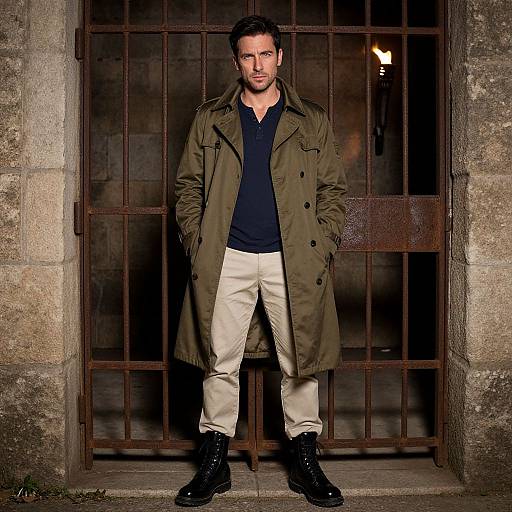 Photograph of a serious-looking man with short dark hair, wearing an olive green coat, navy shirt, beige pants, and black boots, standing in