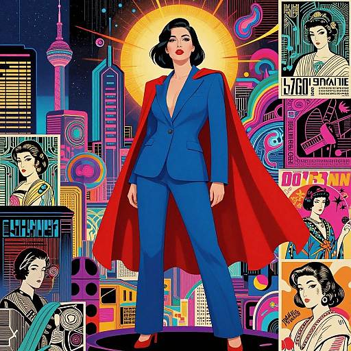 Digital illustration of a confident Asian woman in a blue suit and red cape, standing against a vibrant, neon cityscape background. Multiple comic-style portraits of
