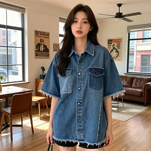 Trendy Young Woman in Oversized Jeans Top