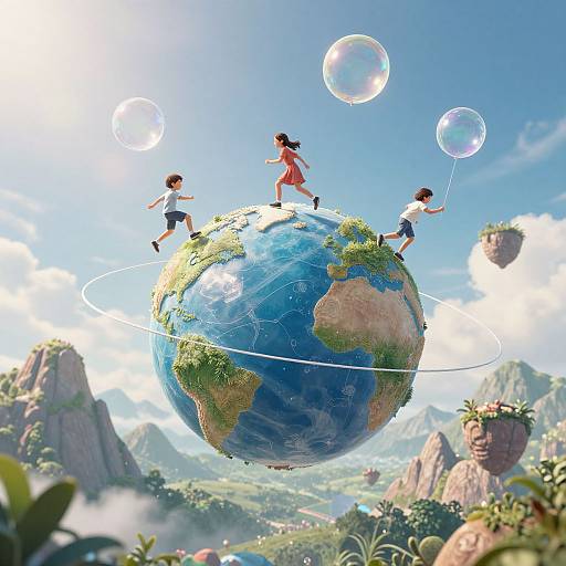 Three children blowing bubbles on a floating Earth with lush mountains and sky, in a vibrant, fantastical CGI illustration.