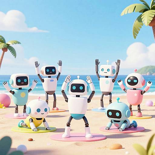 Funny Robots Doing Yoga on Beach