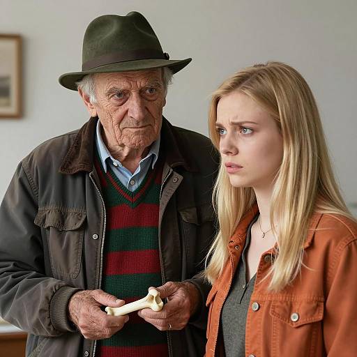 Concerned Young Woman and Elderly Man Holding Bone Model