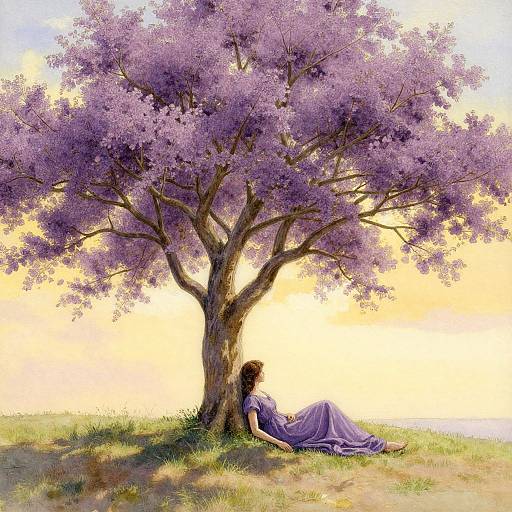 Watercolor Woman Under Purple Blossom Tree