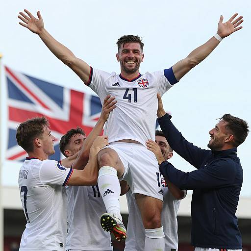 Celebratory Soccer Team Lift with Union Jack