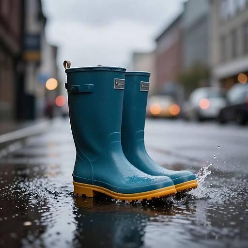 Photograph of blue rubber boots with yellow soles splashing water on a wet, urban street with blurred buildings and lights.