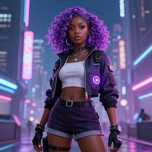 Digital art of a fierce, dark-skinned woman with purple curly hair, wearing a black jacket, white crop top, high-waisted shorts,