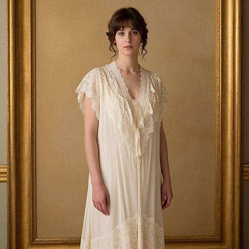 Photograph of a pale-skinned woman with dark curly hair, wearing a delicate, cream-colored lace dress, standing against a gold-framed beige wall