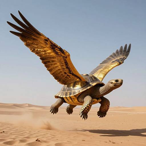 Digital artwork of a giant turtle with large, golden-feathered wings soaring over a sandy desert under a clear blue sky.
