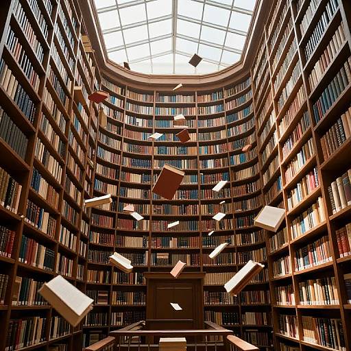 Photograph of a grand library with floating books in mid-air, surrounded by tall, wooden bookshelves filled with colorful books, under a large,