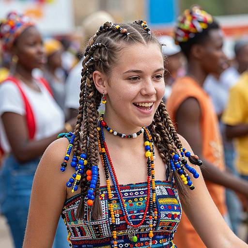 Photograph of a smiling white teenager with braided hair, colorful beaded necklace, and traditional African patterned dress, surrounded by diverse, colorful crowd