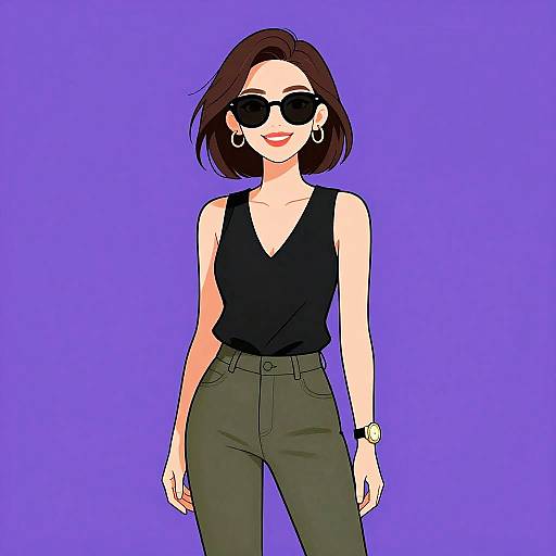 Digital illustration of a confident woman with short brown hair, black sunglasses, black sleeveless top, olive green pants, and a gold watch, standing against