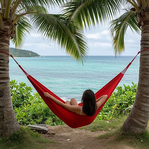 Photograph of a woman with dark hair in a red hammock, facing turquoise ocean, flanked by palm trees, and green foliage.