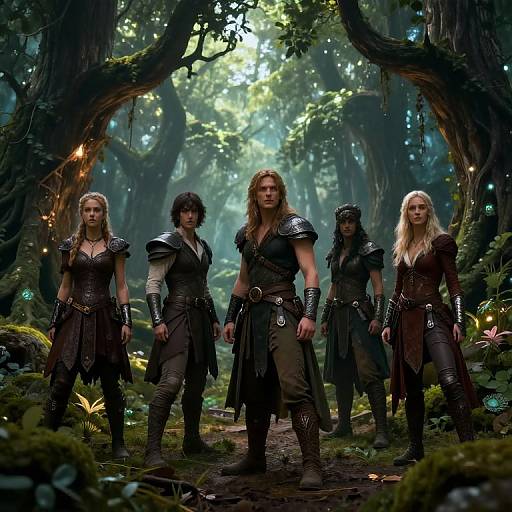 Digital fantasy artwork of four fierce, armored warriors with blond and dark hair, standing in a mystical, enchanted forest.