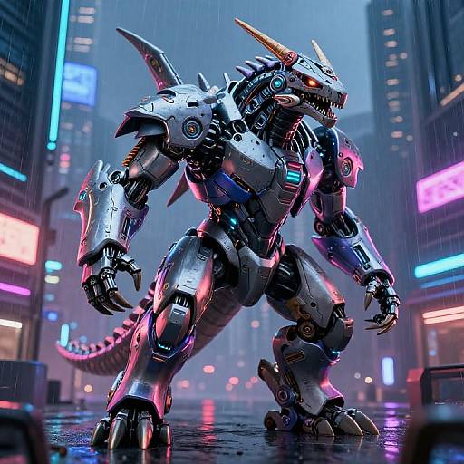 Cybernetic dragon robot with glowing neon accents, sharp spikes, and glowing orange eyes stands in a rainy, neon-lit city street. Digital