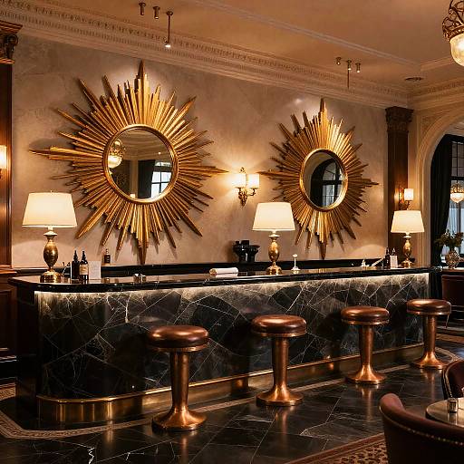 Luxurious bar interior with gold sunburst mirrors, marble counter, brass stools, warm lighting, and classic lamps on elegant, ornate walls.