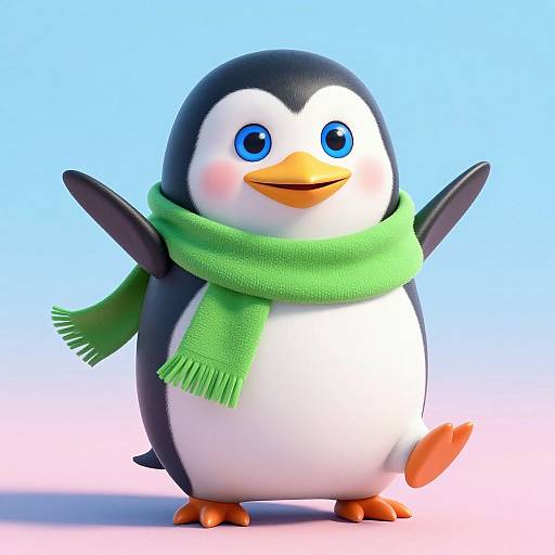 CGI cartoon penguin with blue eyes, black and white feathers, orange beak and feet, green scarf, arms raised, against a blue gradient