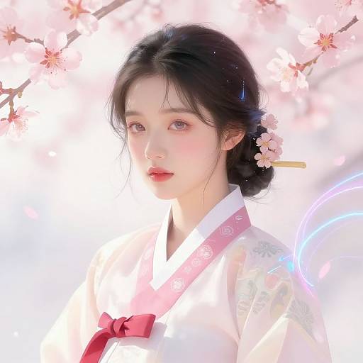 Digital anime-style portrait of a beautiful East Asian woman with fair skin, black hair, and pink cherry blossoms in her hair, wearing a white kim