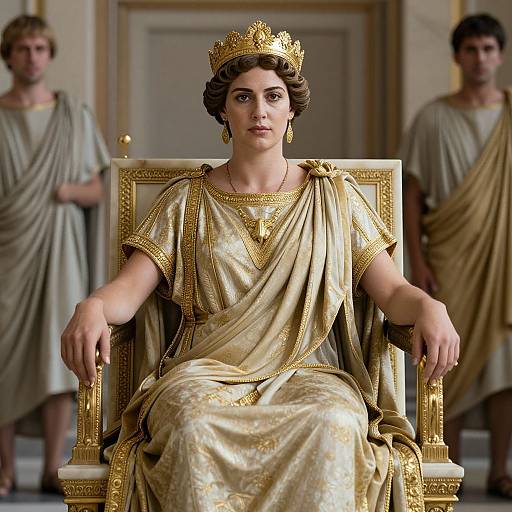 Photograph-style CGI: Regal woman with brown hair, gold crown, and golden dress, seated on ornate throne, flanked by two Roman