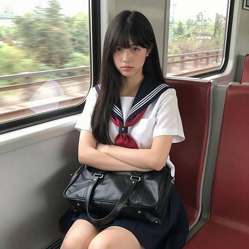 Asian Woman in Sailor Uniform on Train