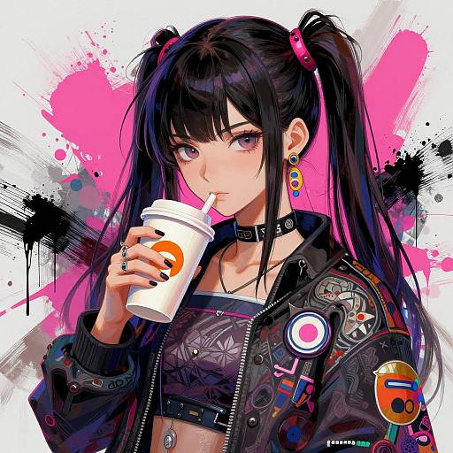 Digital anime-style drawing of a black-haired girl with twin pigtails, wearing a detailed leather jacket, drinking from a Starbucks cup, against a vibrant