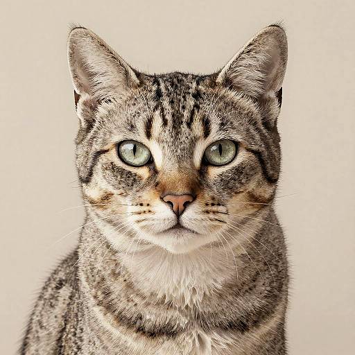 Photograph of a gray tabby cat with green eyes, black stripes, and white markings, staring directly at the camera against a plain white background.