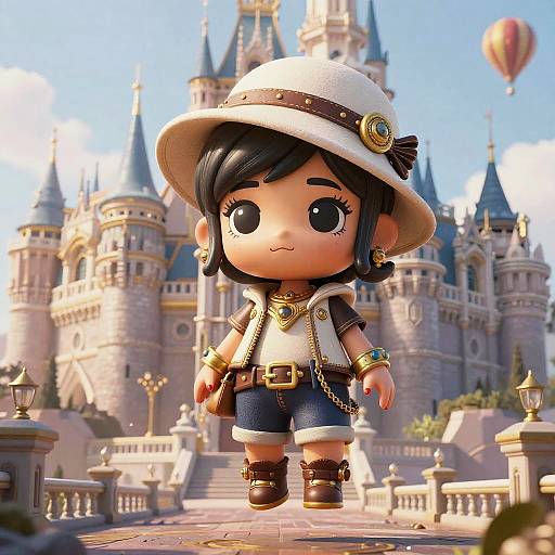 Cute chibi-style doll with black hair, white hat, and blue shorts stands in front of a whimsical castle with a hot air balloon in