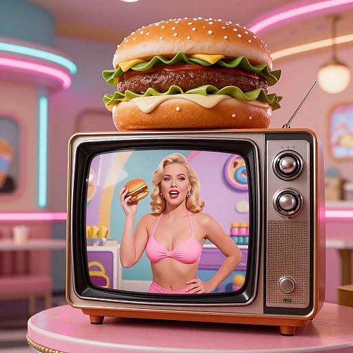 1950s Vintage TV with Hamburger Scene