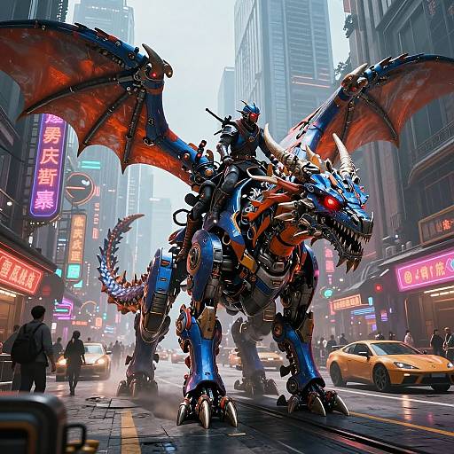 Digital art: Cybernetic dragon with blue and red scales, mechanical wings, and glowing red eyes dominates a neon-lit, bustling city street.