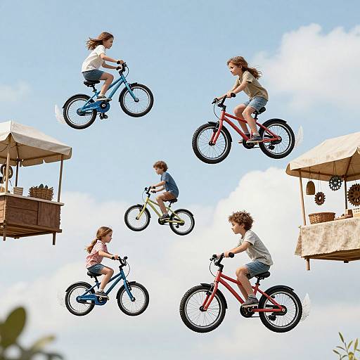 Photograph of five children with diverse hair colors and styles, riding different colored bicycles mid-air, against a bright blue sky with market stalls in the background
