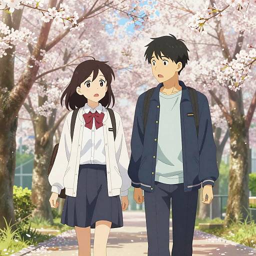 Anime-style drawing of a surprised black-haired boy in a navy jacket and white shirt walking with a black-haired girl in a school uniform under cherry blossom trees