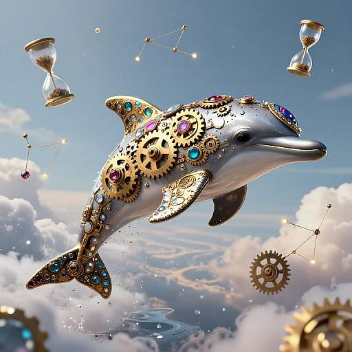 Steampunk Clockwork Dolphin in Surreal Sky
