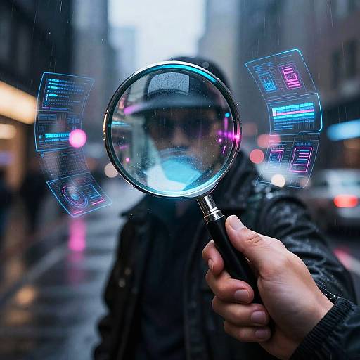 Cyberpunk Detective with Neon Magnifying Glass