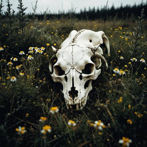 Weathered wolf skull in wildflower meadow