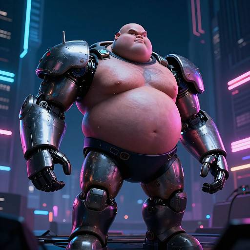 CGI image of a bald, overweight man with a large belly, wearing metallic, cyberpunk-style armor, standing in a neon-lit futuristic city