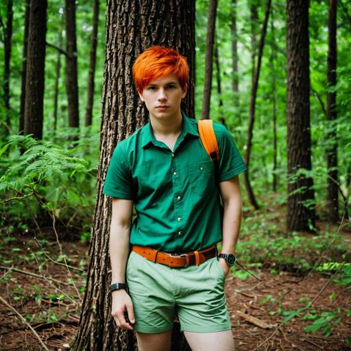 Young Man with Orange Hair Standing in Forest