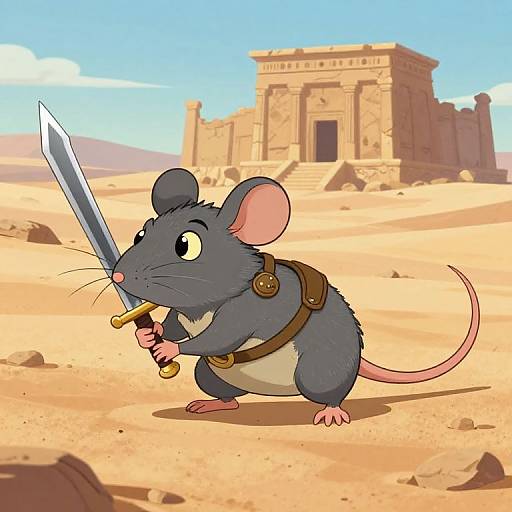 Cartoon mouse with gray fur, pink ears, and a sword, wearing a leather harness, stands in a desert with ancient ruins in the background.