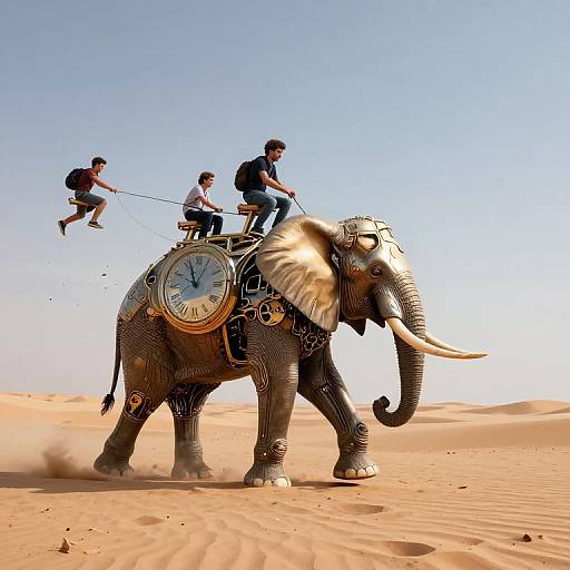 Photograph of three men riding a clock-faced, ornate elephant through a sunlit desert, with clear blue sky and sandy dunes.