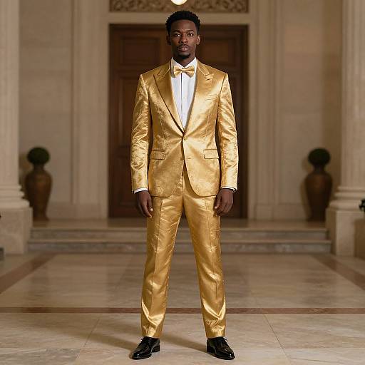 Photograph of a Black man in a shiny gold tuxedo with a white shirt and bow tie, standing in a grand, marble-floored