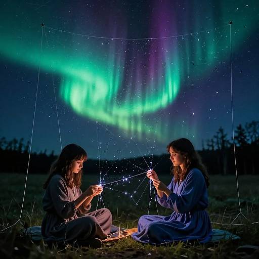 Photograph of two women with long hair, sitting on grass at night, creating a star-like light display, under vibrant green and purple Northern Lights.