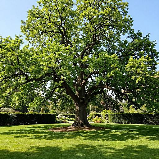 Photograph of a large, leafy green tree with a thick trunk, standing alone in a well-maintained, sunny, green grass lawn,