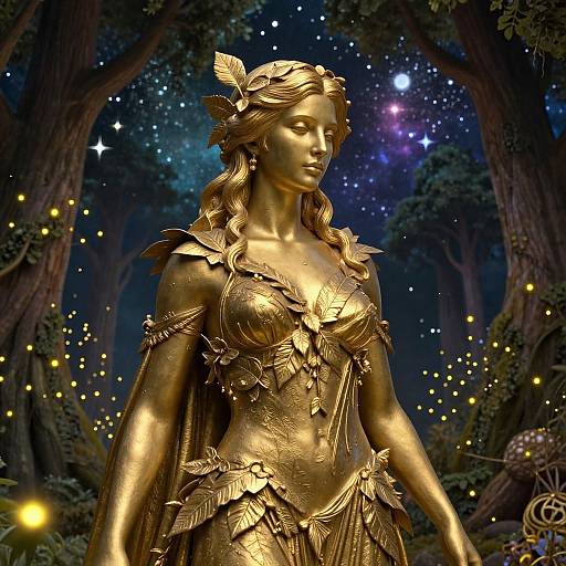 Golden statue of a serene, leaf-crowned forest nymph with intricate, leafy armor, standing under a starry night sky with glowing fireflies.