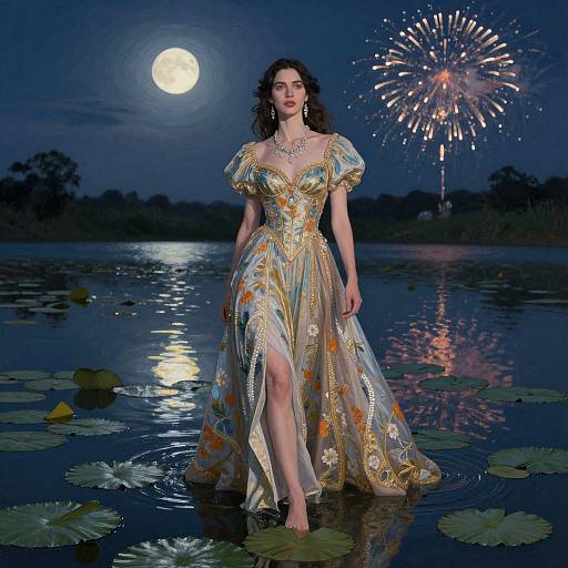 Photograph of a dark-haired woman in an ornate, gold-embroidered gown with puffed sleeves, standing in a moonlit pond with