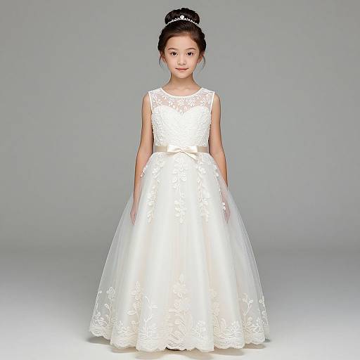 Photograph of an Asian young girl in a white lace wedding-style dress with a full tulle skirt, black hair in an updo, and a